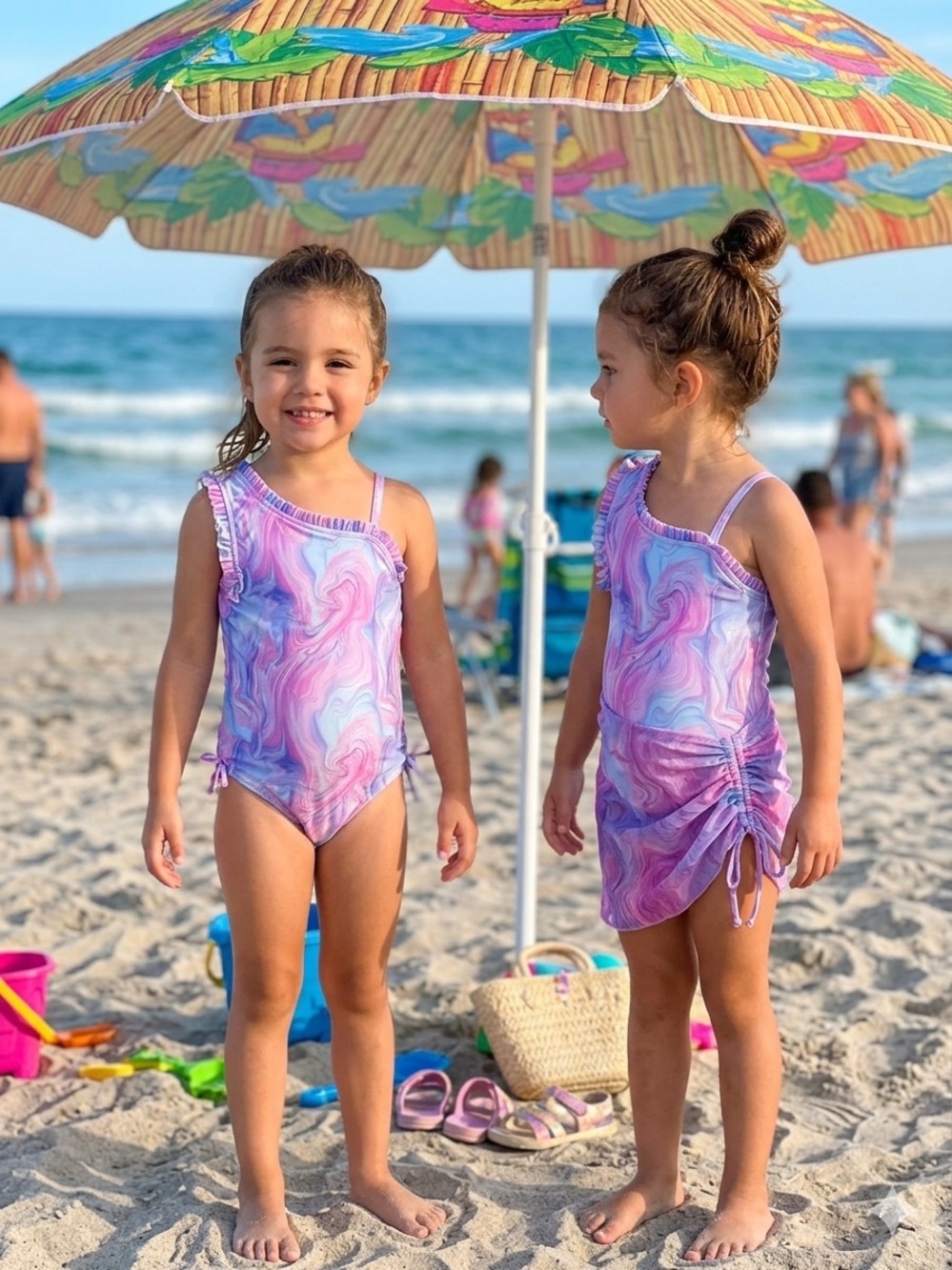 Penelope Mack Pastel Swirl Girls One-Piece Swimsuit - Pink, Lavender, Light Blue